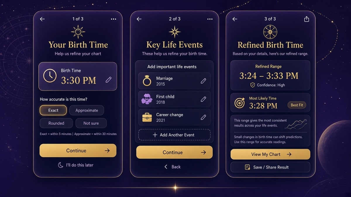 Birth Time Precision app flow: enter approximate time, add life events such as marriage and career change, then view refined time range and representative center
