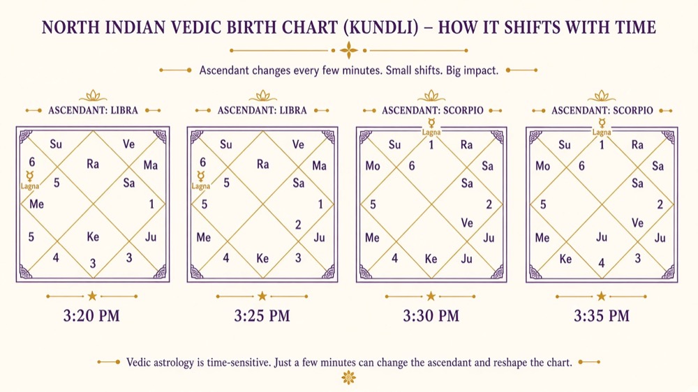 Four North Indian style birth charts at 3:20, 3:25, 3:30, and 3:35 PM showing ascendant changing from Libra toward Scorpio