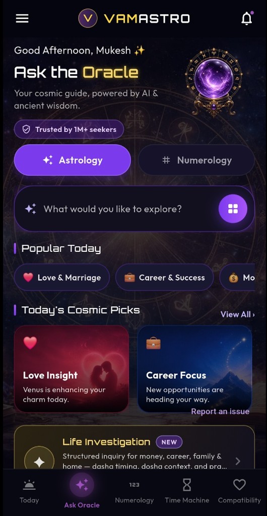 VamAstro app — Ask the Oracle home screen